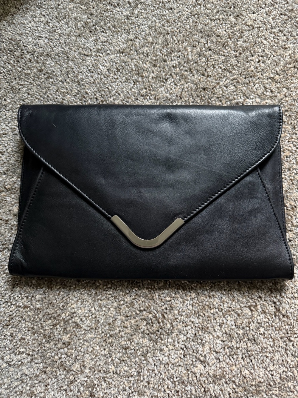Walter Baker Black Leather Envelope Clutch with Metal Accent